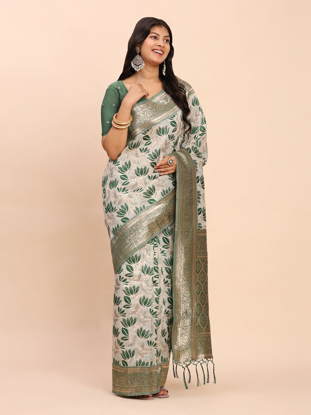 Green Linen Cotton Saree with Matching Blouse Piece