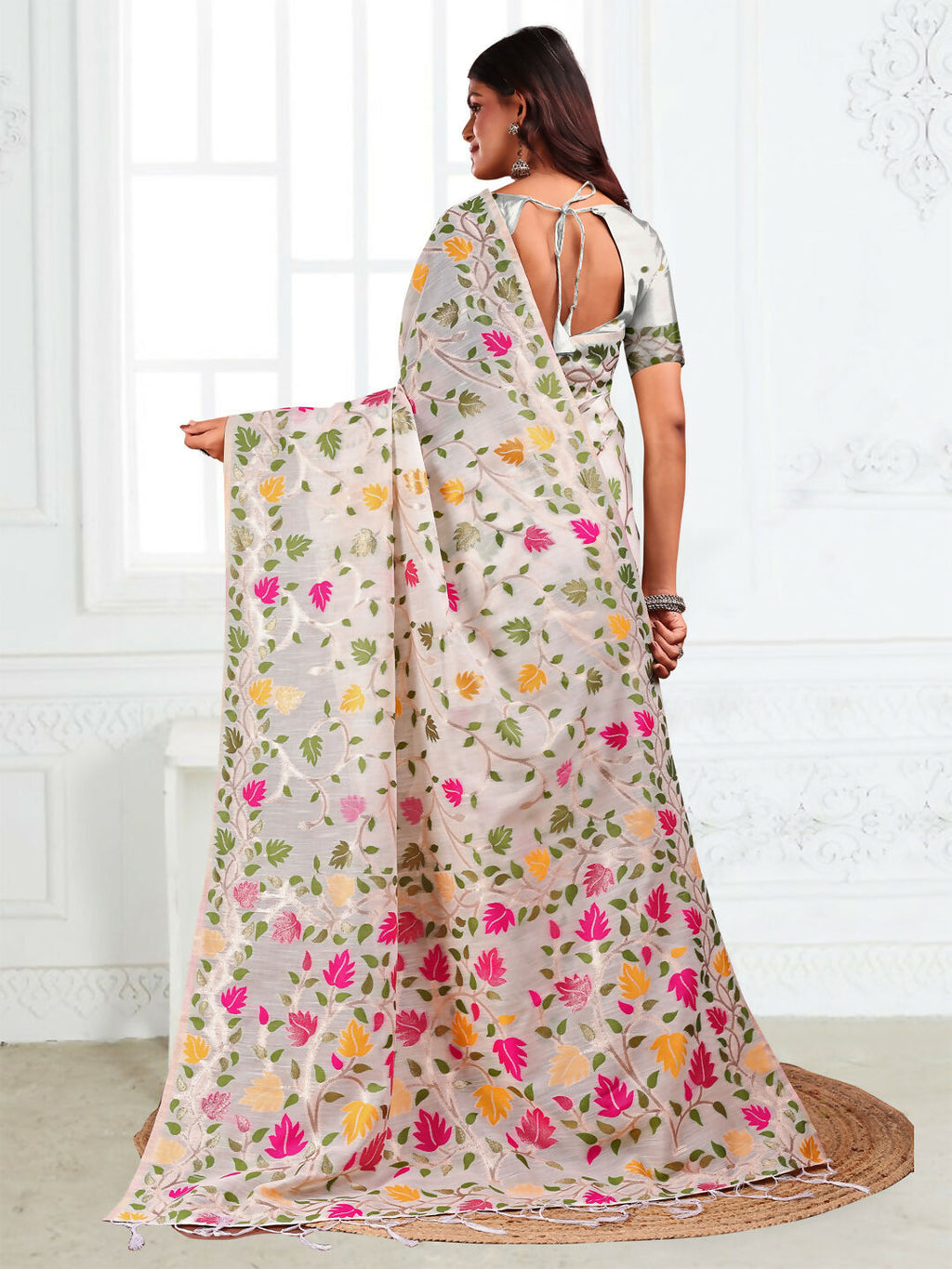White Linen Cotton Saree with Matching Blouse Piece