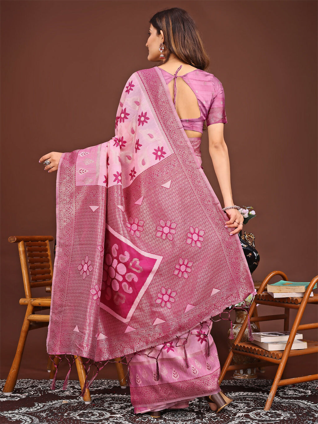Sajni Pink Linen Cotton Saree with Matching Blouse Piece