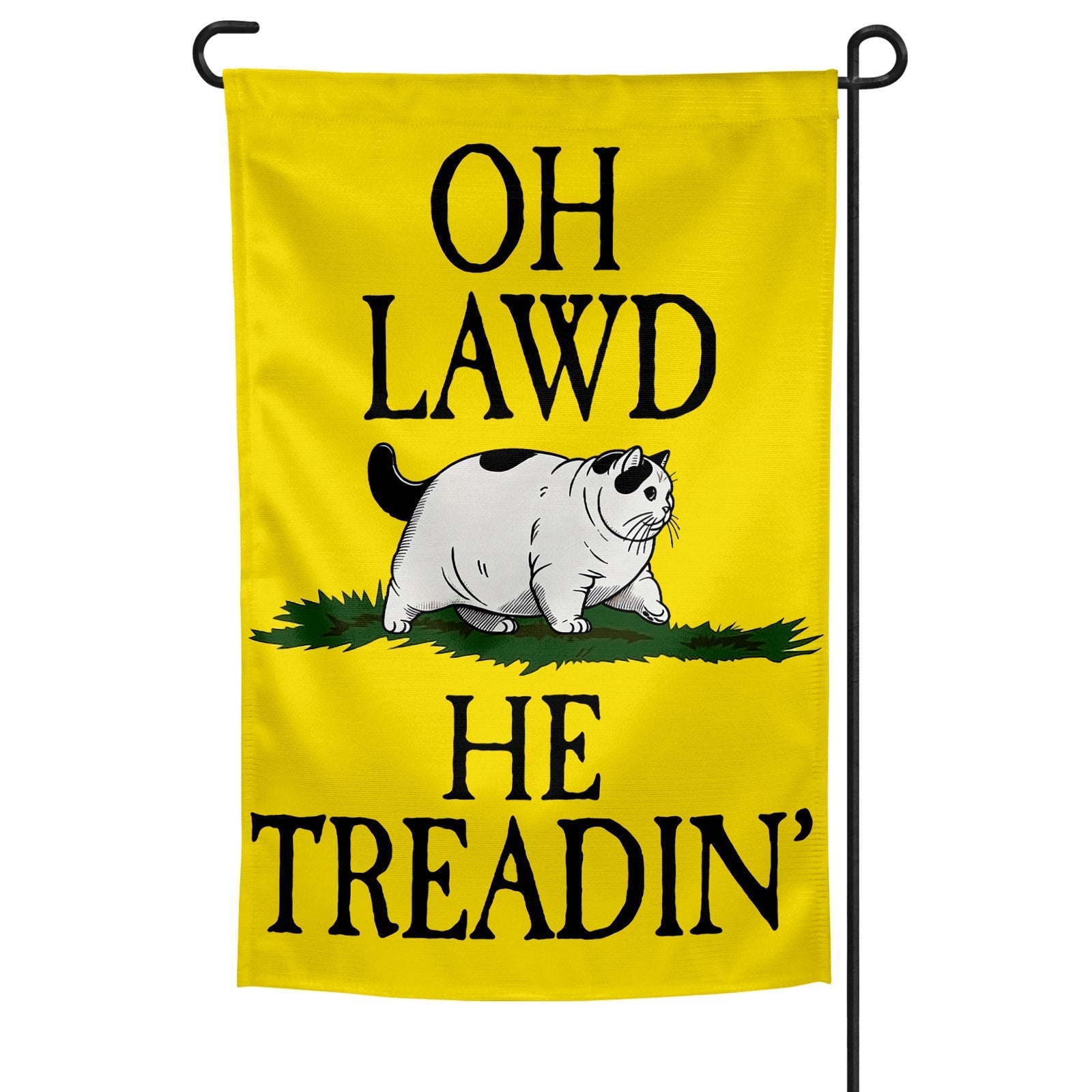 Oh Lawd He Treadin' Garden Flag measuring 12 by 18 inches on a metal stand