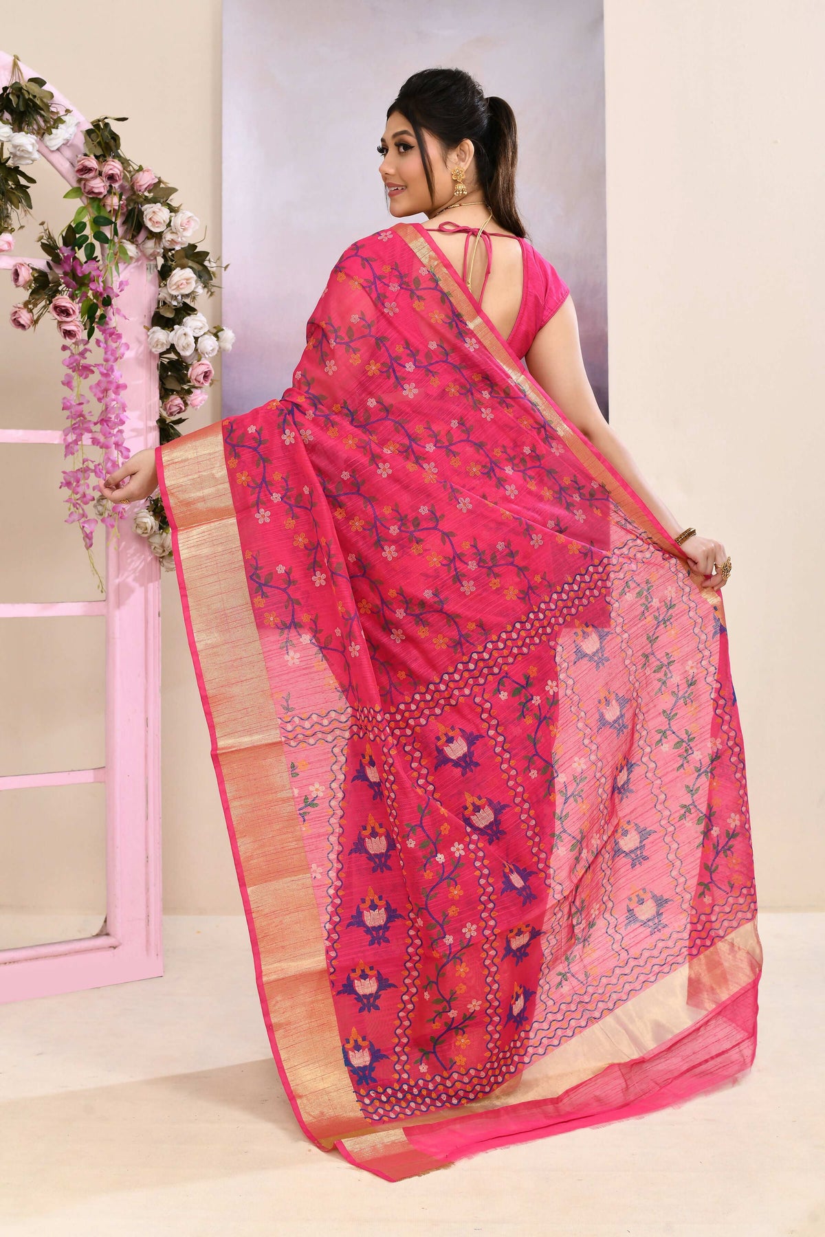 Pink Embellished Printed Saree in Cotton Blend