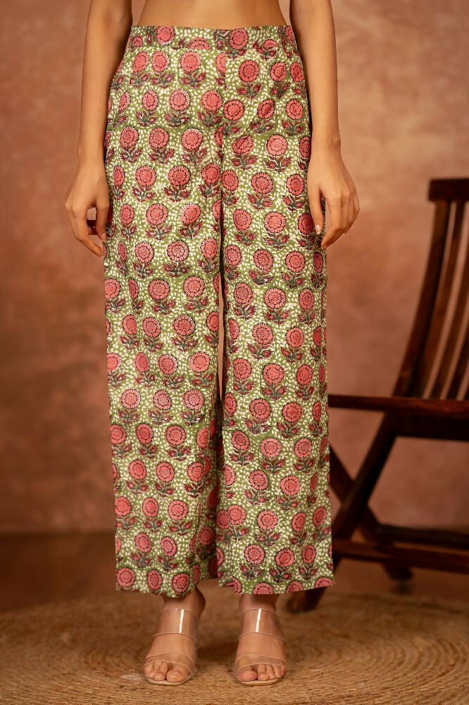 Green Hand Block Printed Cotton Suit Set for Women