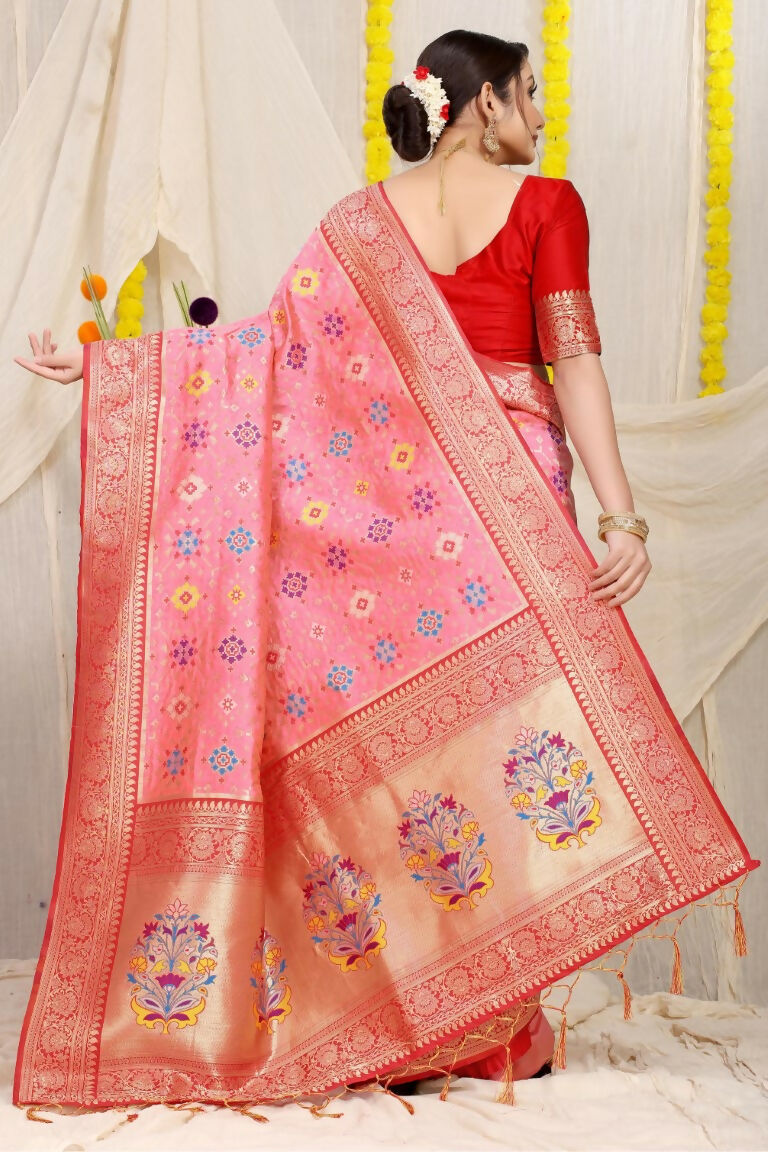Baby Pink Patola Silk Zari Woven Saree with Contrast Red Blouse