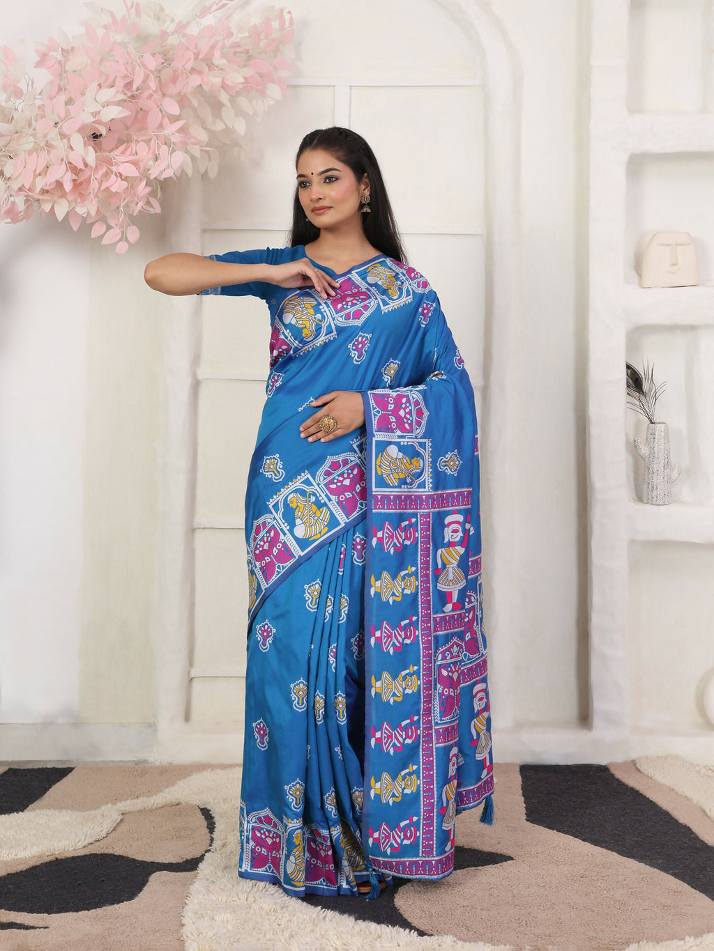 Silk Blend Blue Saree with Matching Blouse Fabric