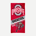 Ohio State Buckeyes velour beach towel in red and gray with official mascot logo
