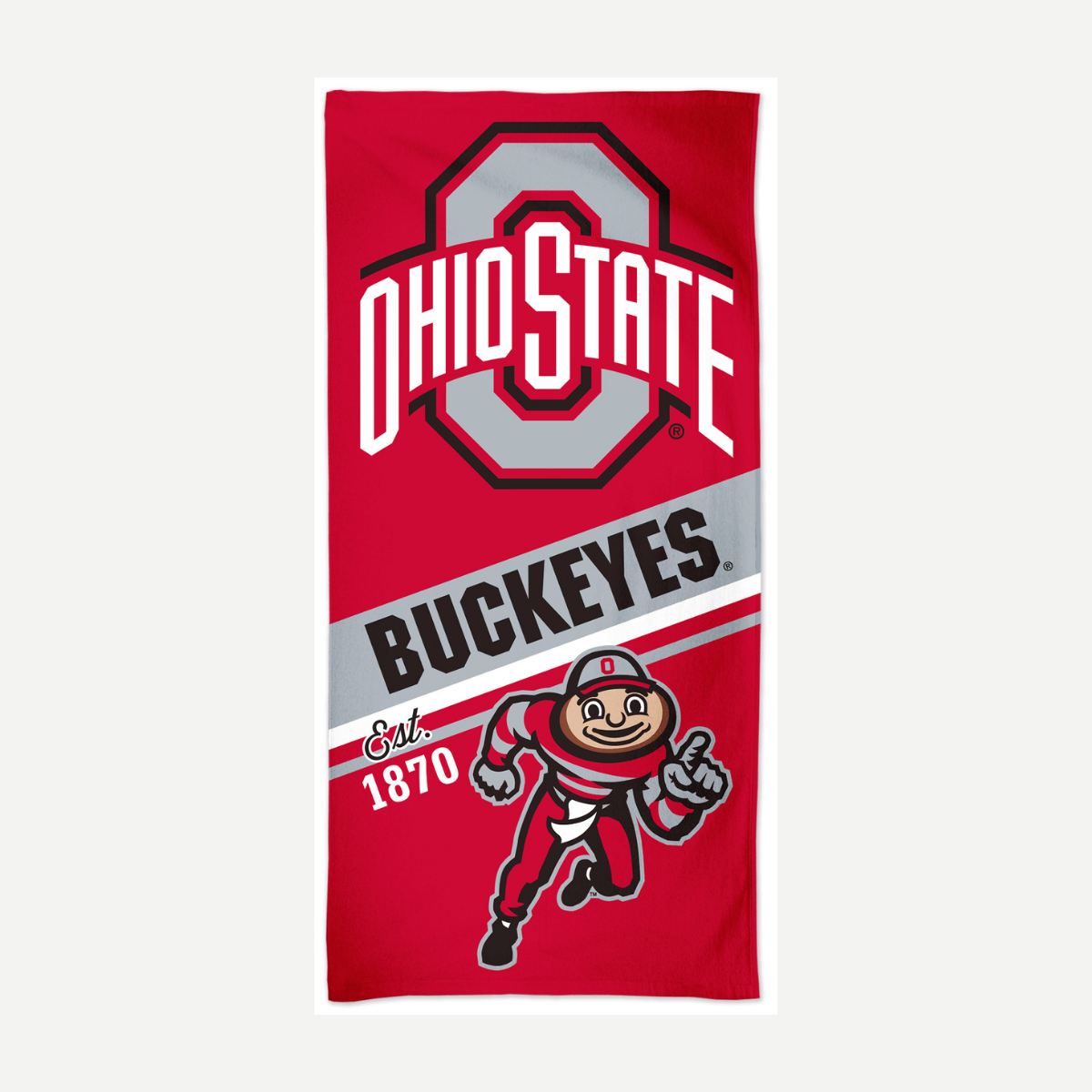 Ohio State Buckeyes velour beach towel in red and gray with official mascot logo