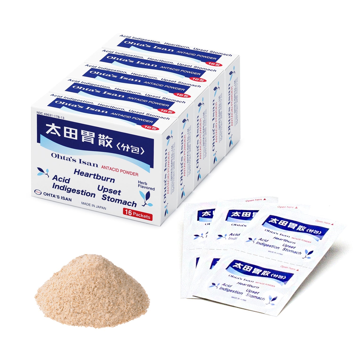 5-pack set of Ohta's Isan Antacid Herbal Powder totaling 80 packets