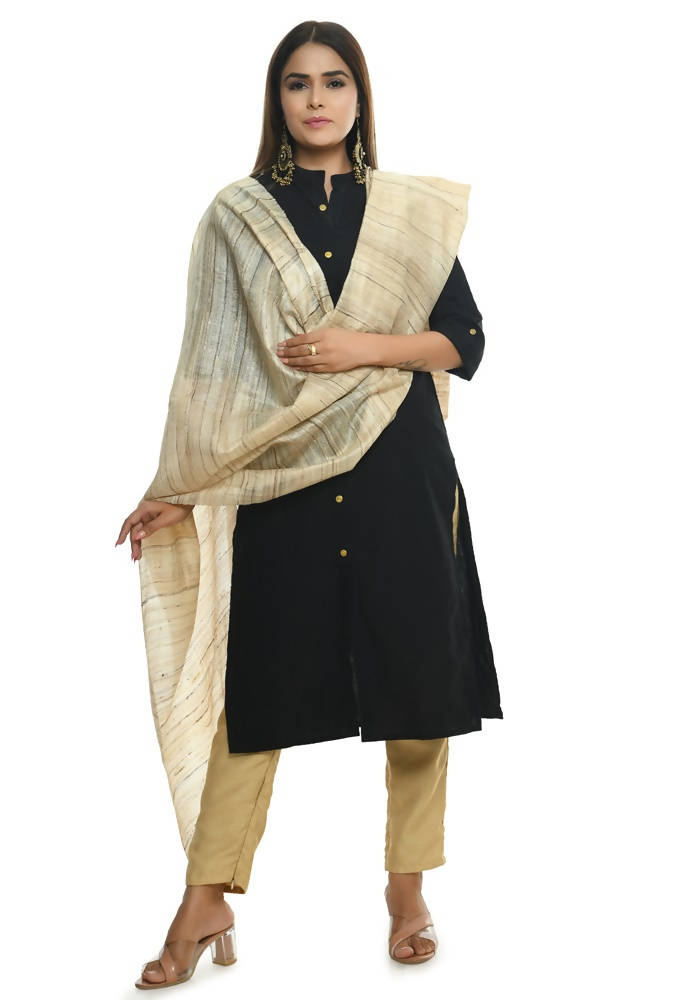 Golden Pure Ghichcha Silk Dupatta with Traditional Striped Detail