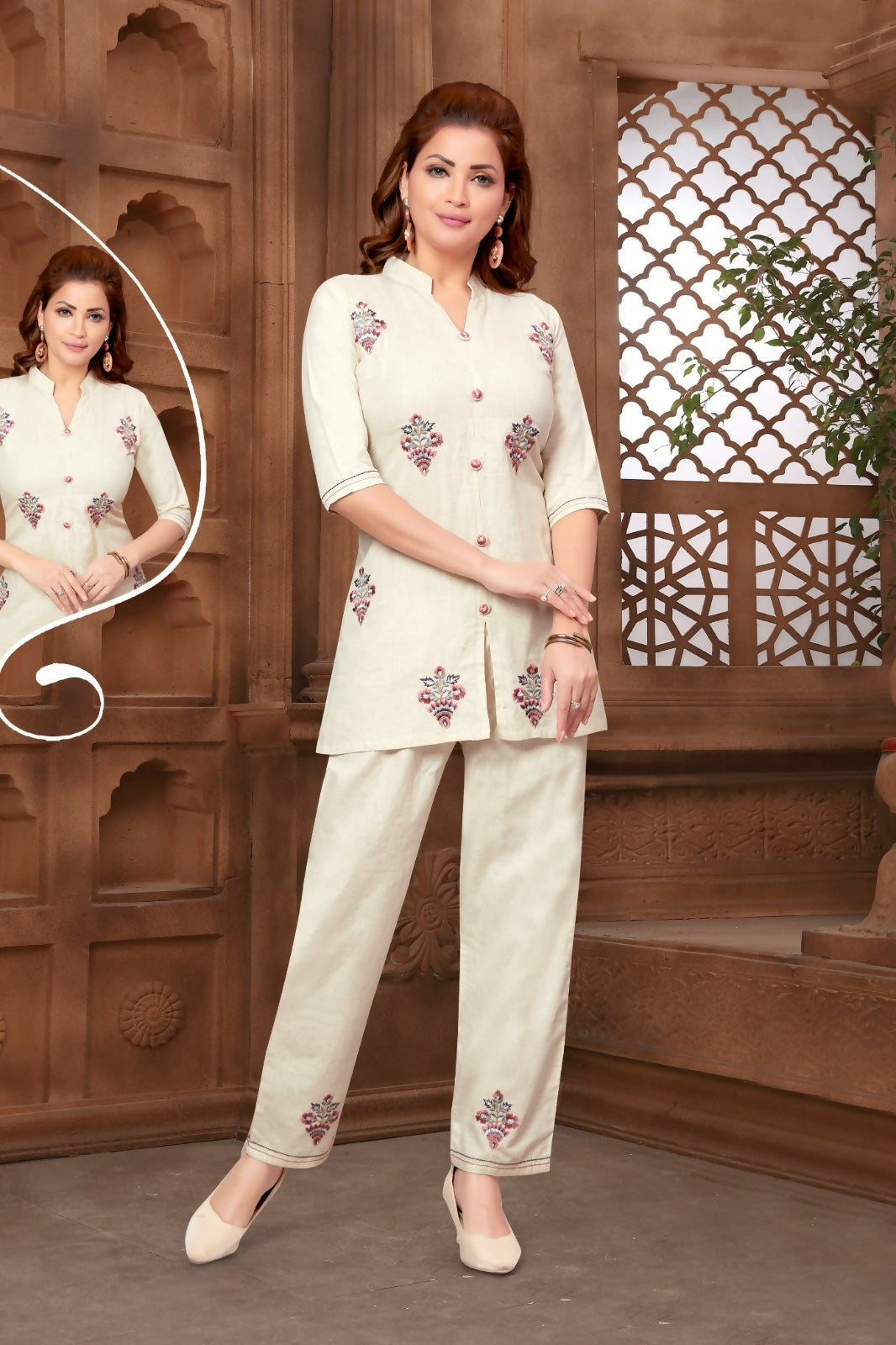 A comfortable 2-piece beige cotton kurta set featuring a modern cut