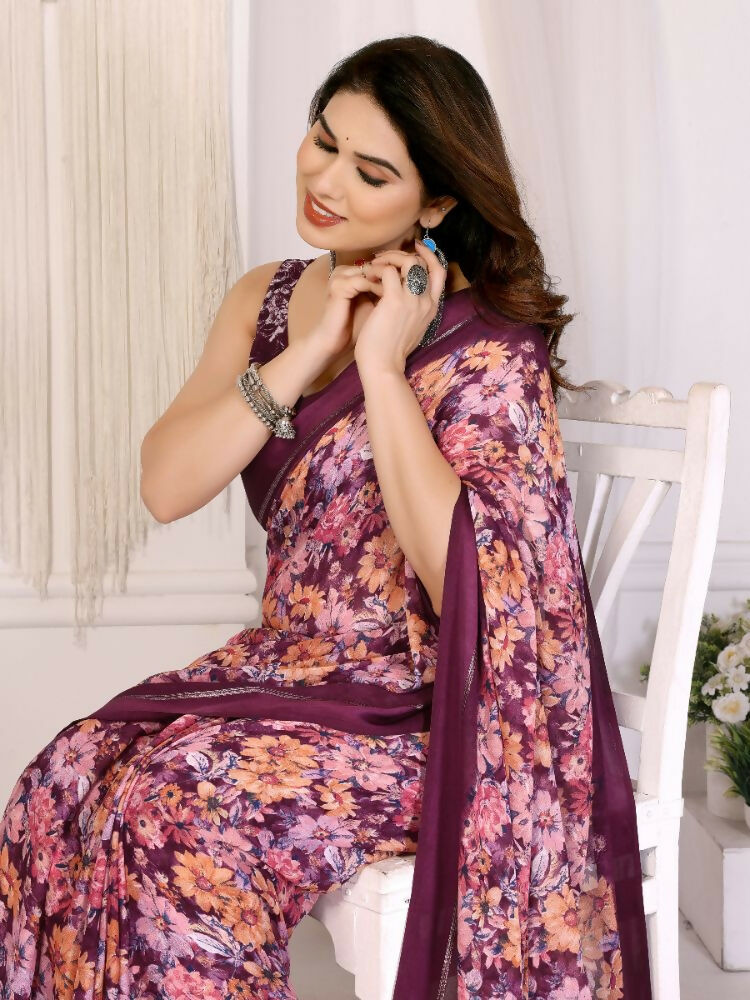 PR Fashion Purple Bright Moss Satin Patta Printed Saree