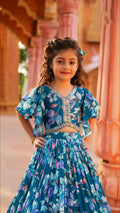 Beautiful blue faux georgette digital printed lehenga choli set with sequins embroidery