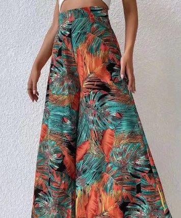 Women High Waist Wide Leg Tropical Print Chiffon Summer Pants - Image 3