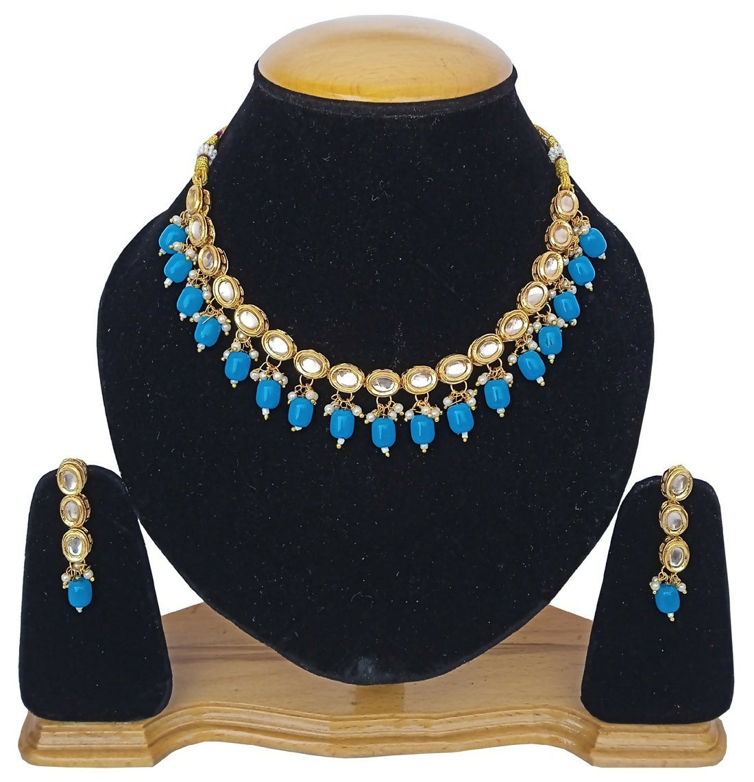 Sky blue Kundan stone necklace set with high-quality gold plating and adjustable cord