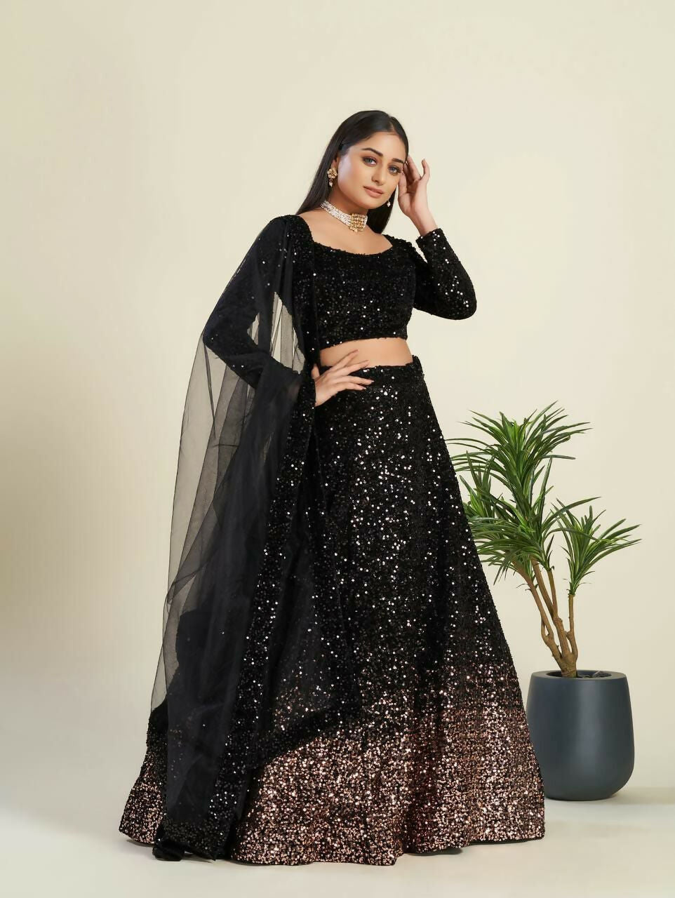 Black Velvet Heavy Sequins Designer Lehenga Choli Set