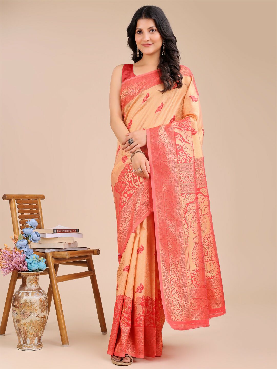 Shree Shyam Fashion Banarasi Silk Cream & Red Saree