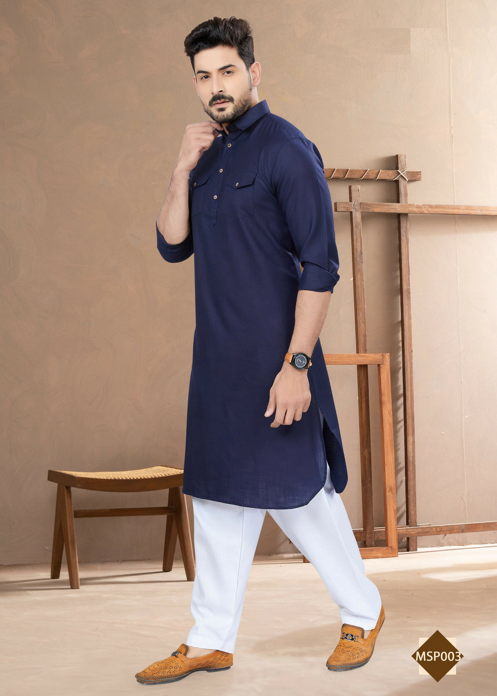 Boys Blue Heavy Cotton Plain Kurta Pyjama Ethnic Set