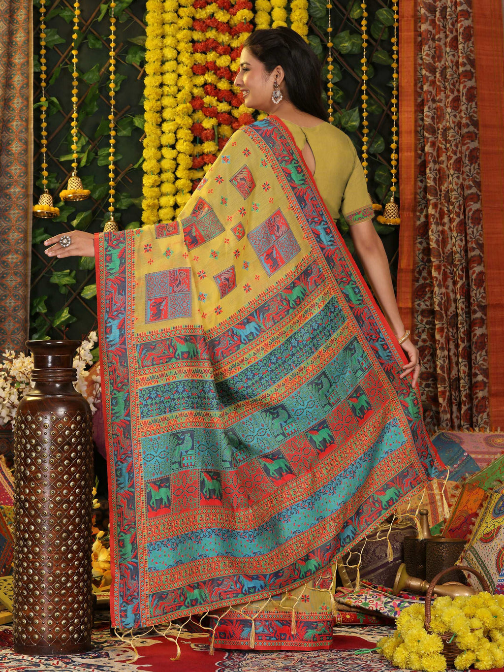 Yellow Linen Cotton Saree with Matching Blouse Piece