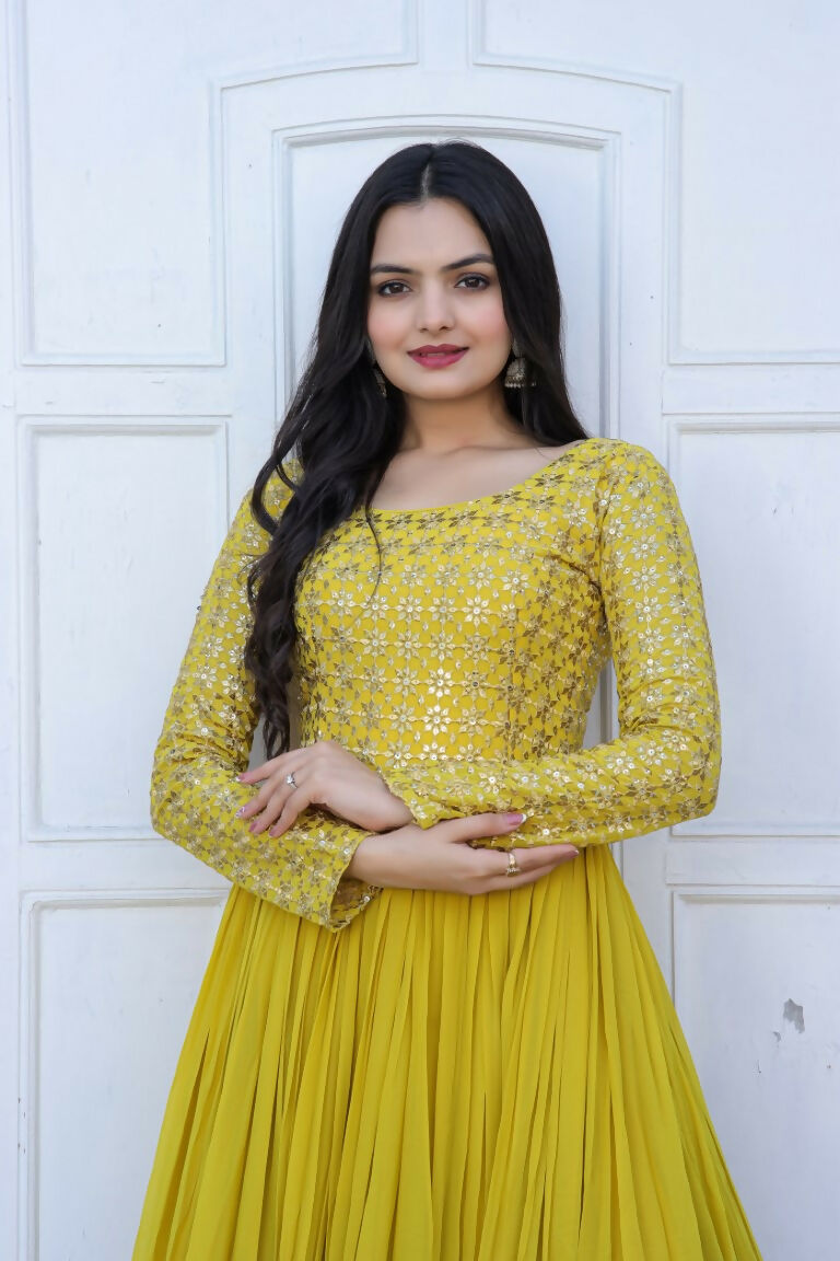 Yellow Sequins Zari Embroidered Faux Blooming Anarkali Dress