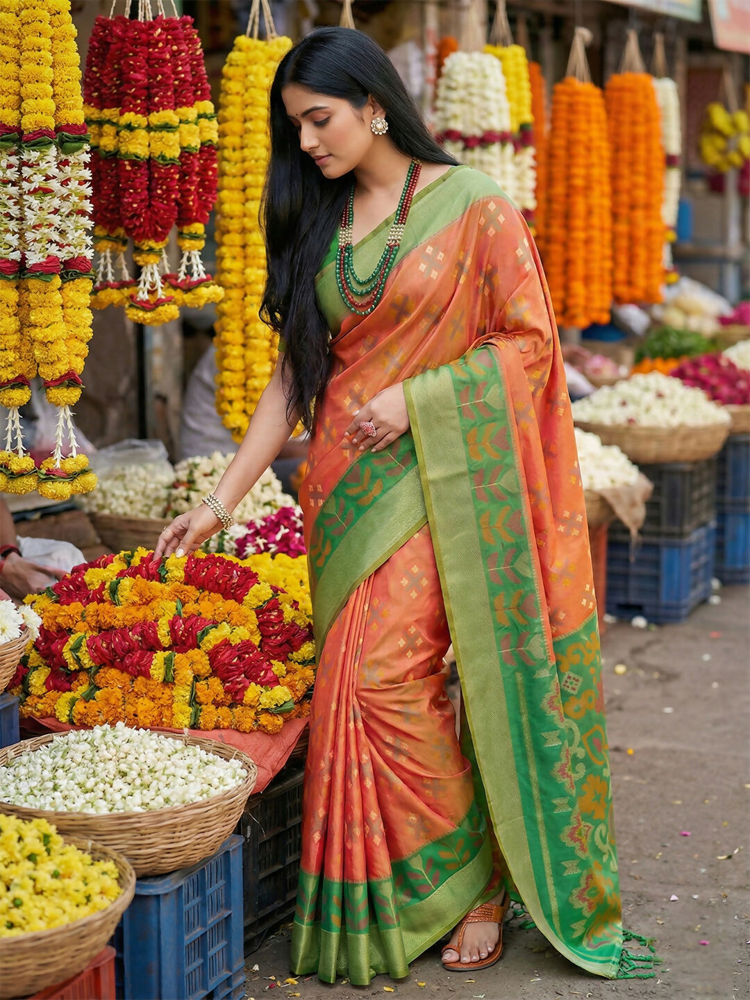 Orange Pochampally Silk Saree with Matching Blouse Piece