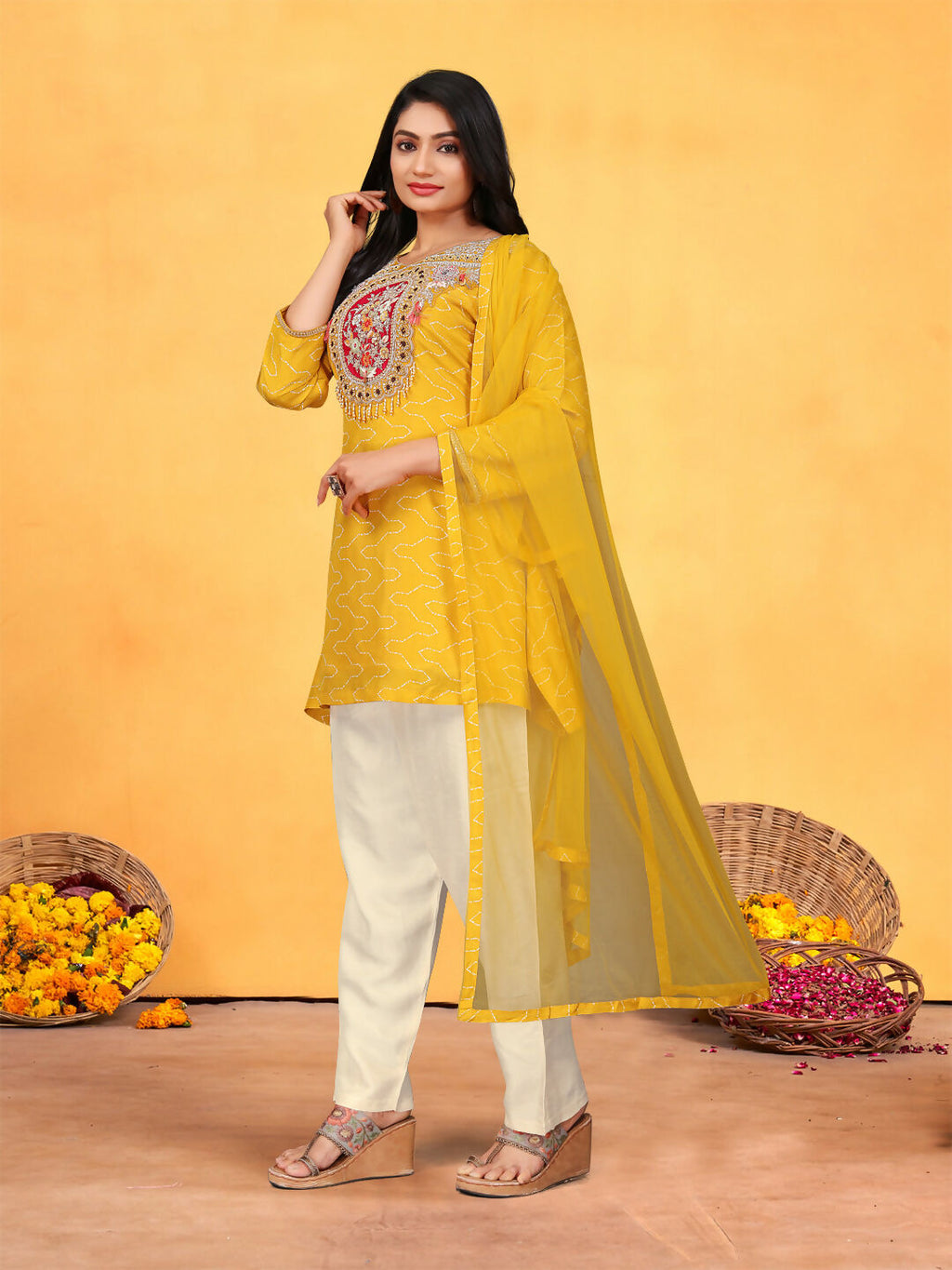 Mustard Cotton Pure Viscose Dola Kurta Set with Handwork