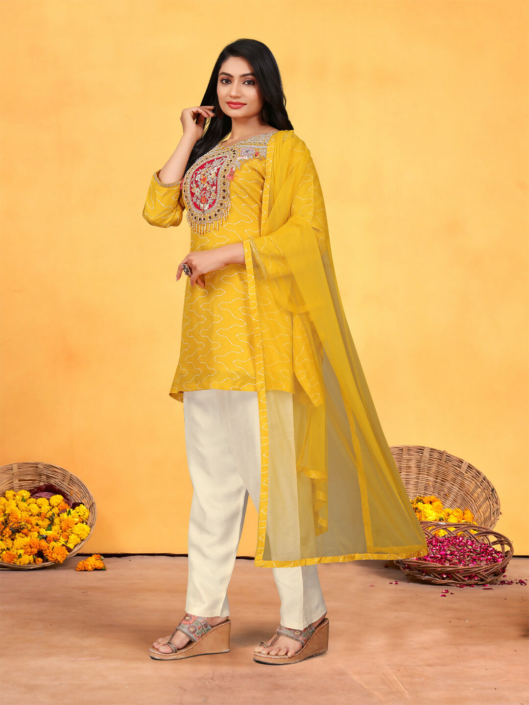 Mustard Cotton Pure Viscose Dola Kurta Set with Handwork