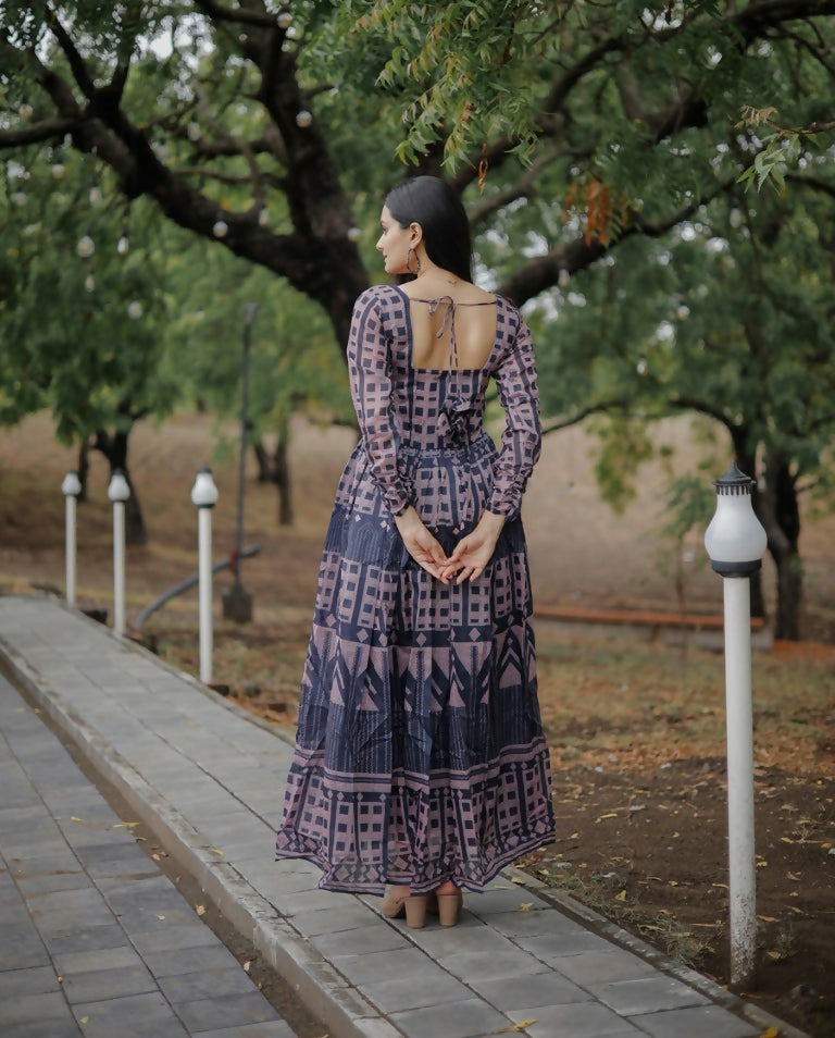 Women's Navy Blue Pure Chanderi Digital Print Anarkali Dress