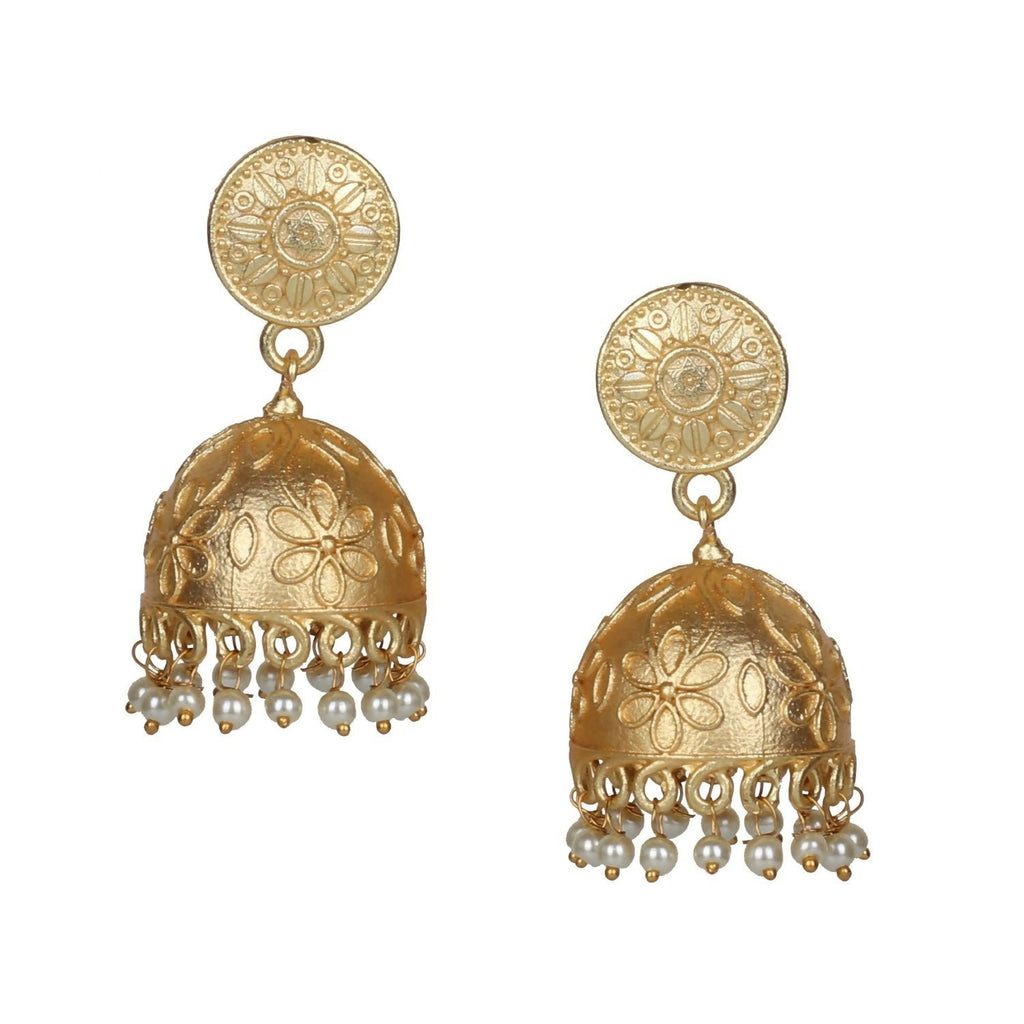 Matte gold finish brass jhumka earrings with intricate handcrafted detailing, 5cm length