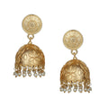 Matte gold finish brass jhumka earrings with intricate handcrafted detailing, 5cm length