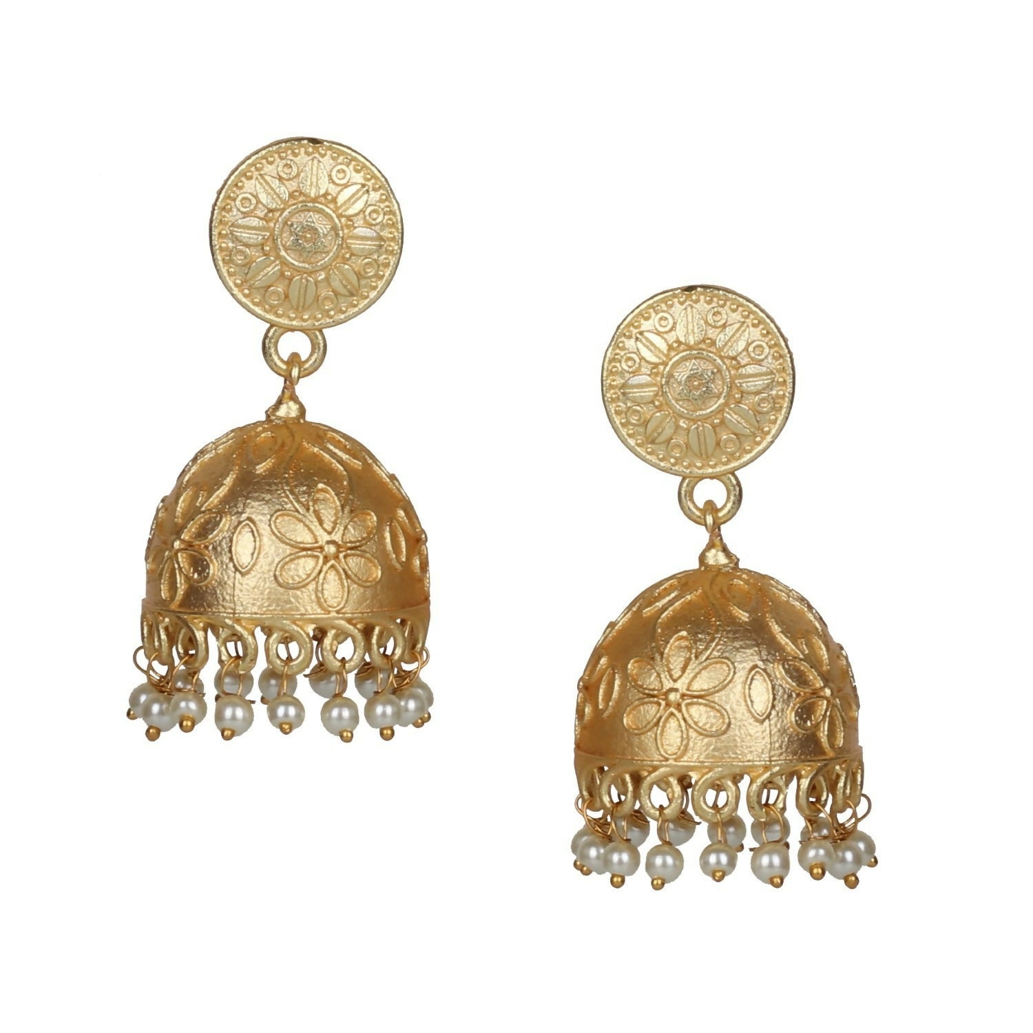 Matte gold finish brass jhumka earrings with intricate handcrafted detailing, 5cm length