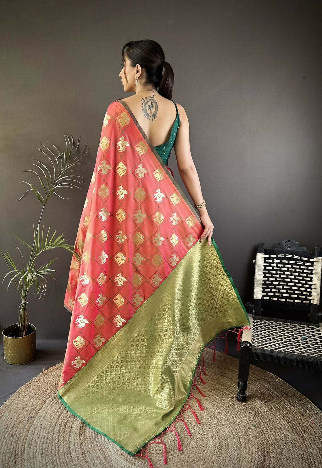 Orange Elephant Motif Soft Silk Banarasi Saree with Green Blouse
