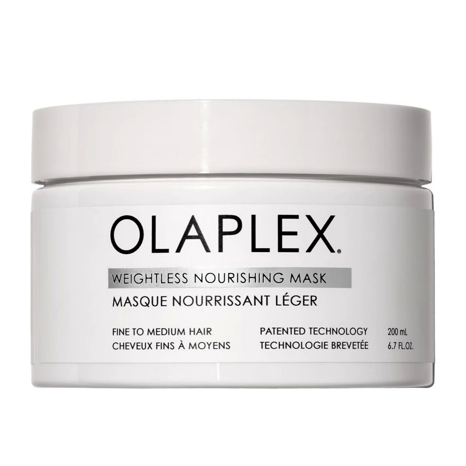 White bottle of Olaplex Weightless Nourishing Mask for fine to medium hair, 200 mL.