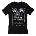 Unisex black and white cotton t-shirt featuring Old Number Three whiskey label parody graphic