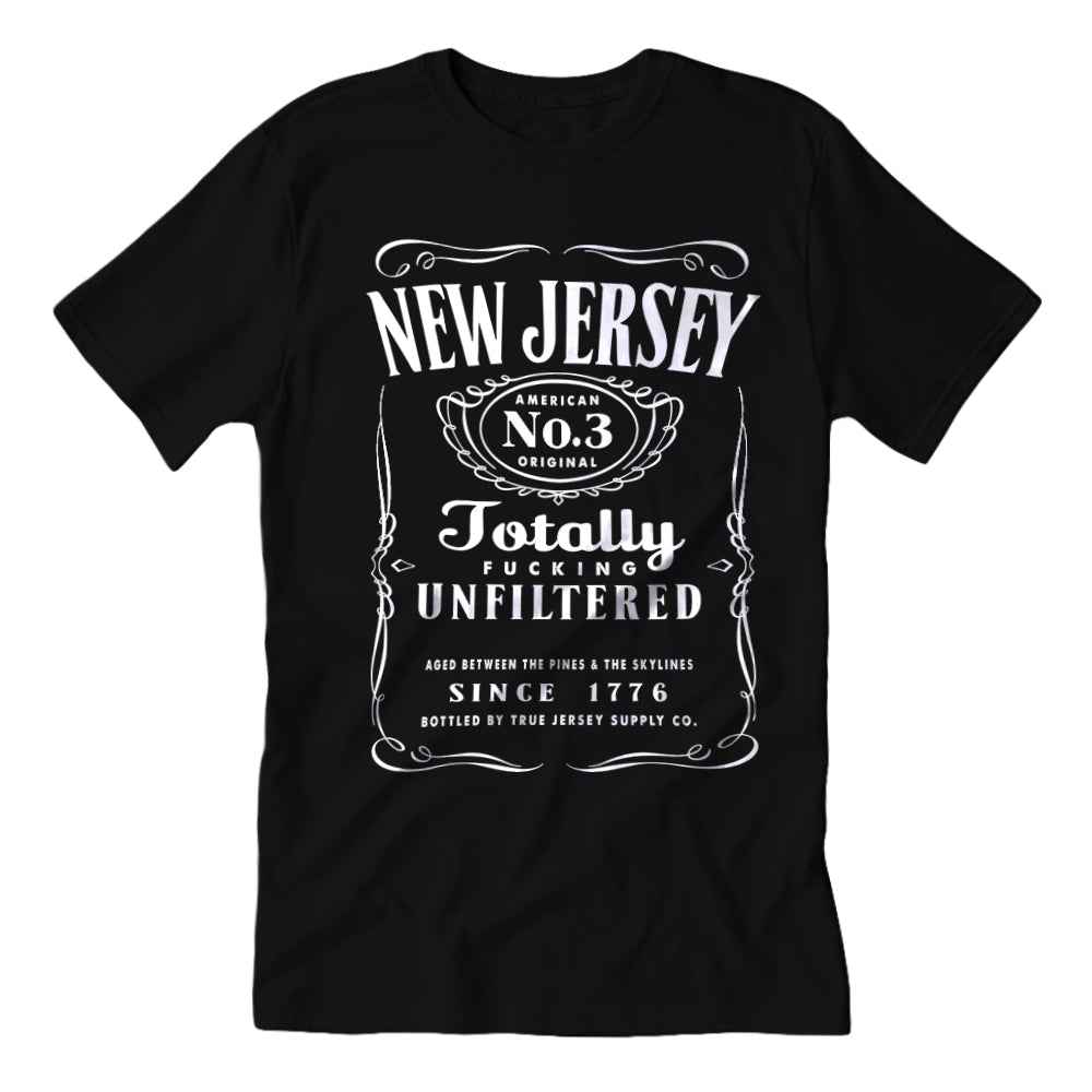 Unisex black and white cotton t-shirt featuring Old Number Three whiskey label parody graphic