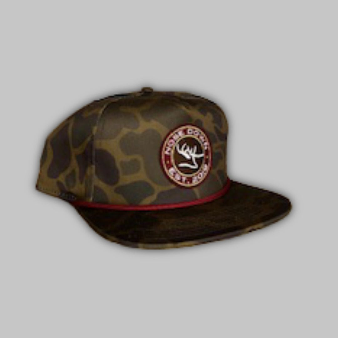 Old School Camo Rope snapback cap featuring a classic camouflage pattern and decorative front rope detail.