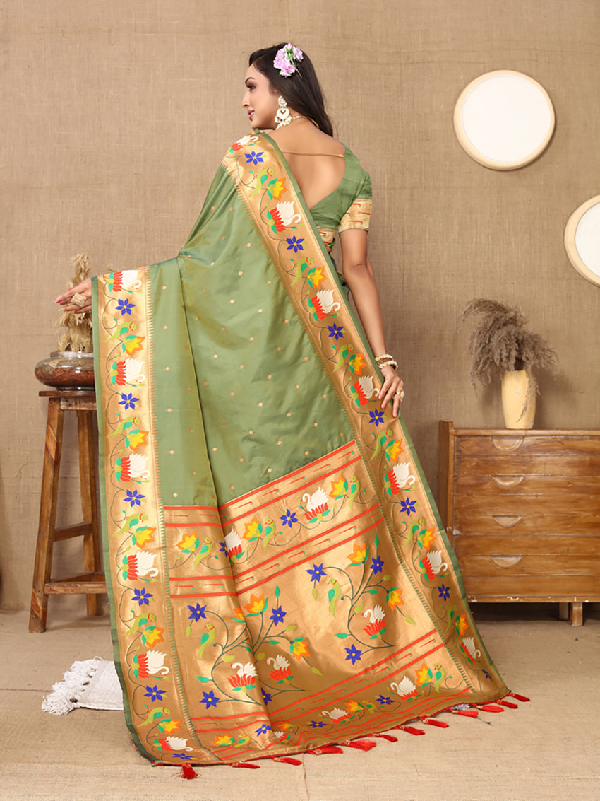 Olive Soft Paithani Silk Saree with Rich Zari Meenakari Weave