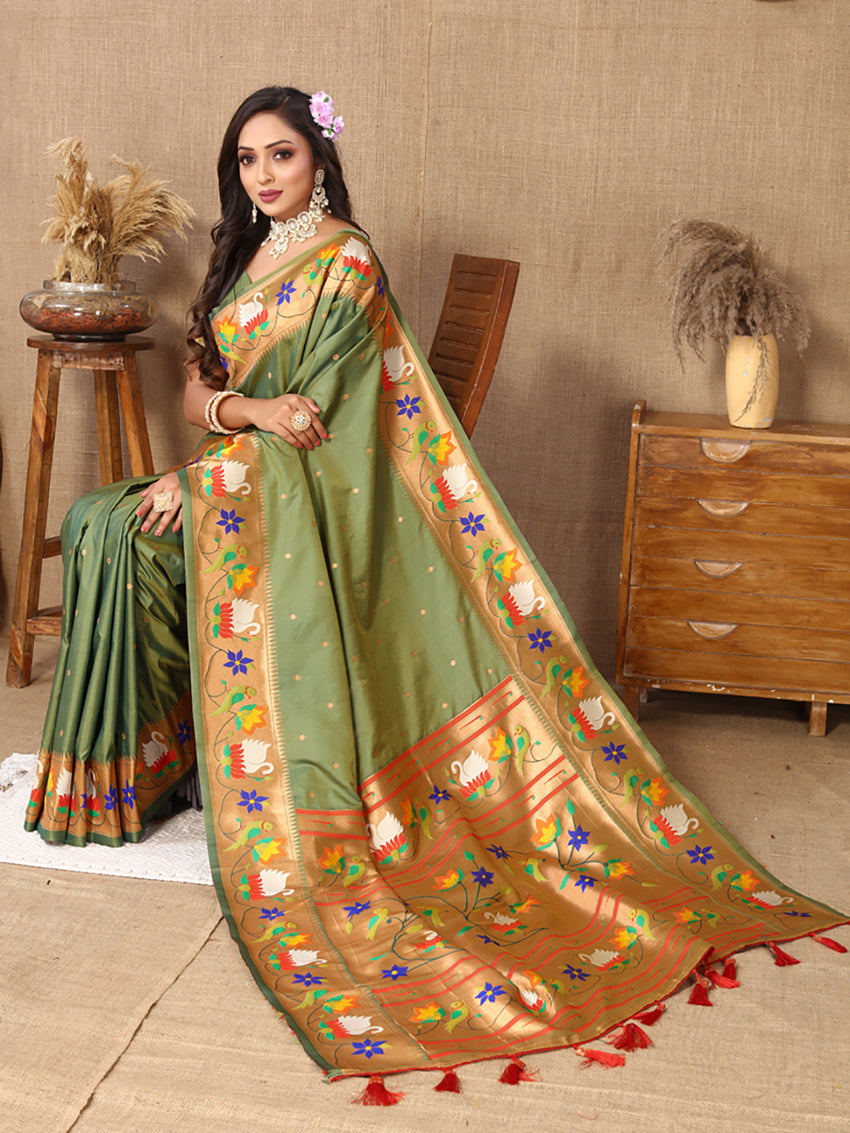 Olive Soft Paithani Silk Saree with Rich Zari Meenakari Weave
