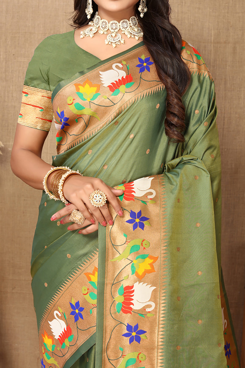 Olive Soft Paithani Silk Saree with Rich Zari Meenakari Weave