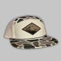 Sporty 7-panel fishing hat with camo print, available in white, grey, and black.