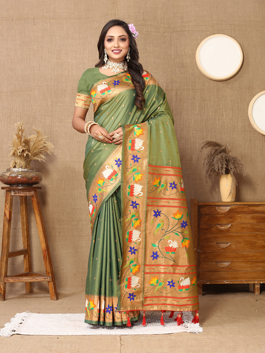 Olive green soft Paithani silk saree with intricate Zari and Meenakari floral weave