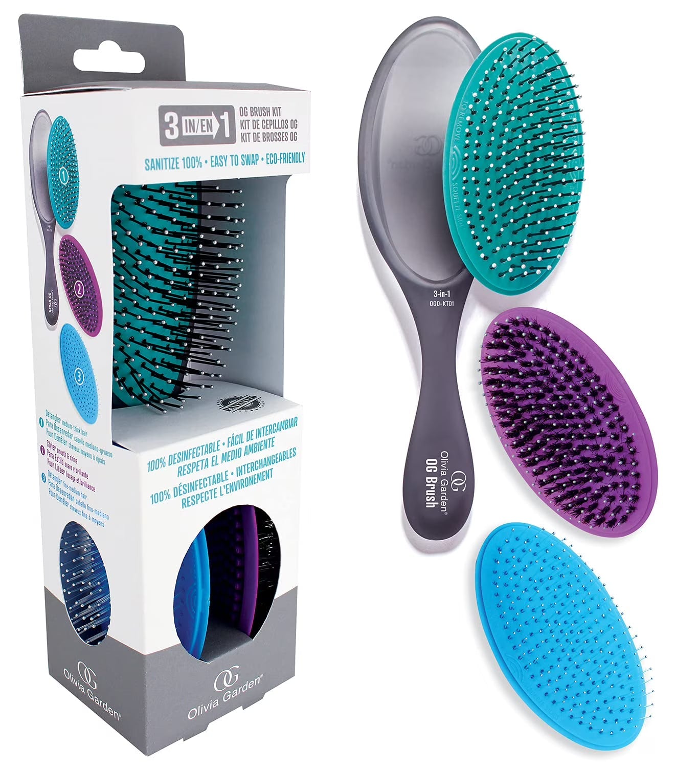 Olivia Garden 3-in-1 OG Brush Kit featuring interchangeable heads in teal, purple, blue, and grey.
