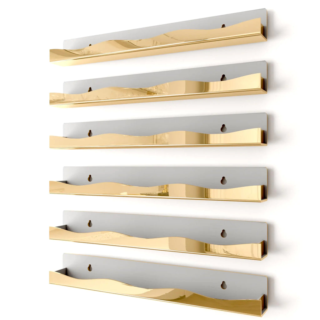 YMVV Wall-Mounted Nail Polish Organizer Rack - 15-Inch Gold Mirror Finish Nail Polish Shelf Makeup & Beauty Essentials Storage - Multi-Purpose Display Holder for Small Space Vanity Bathroom 6 Pack