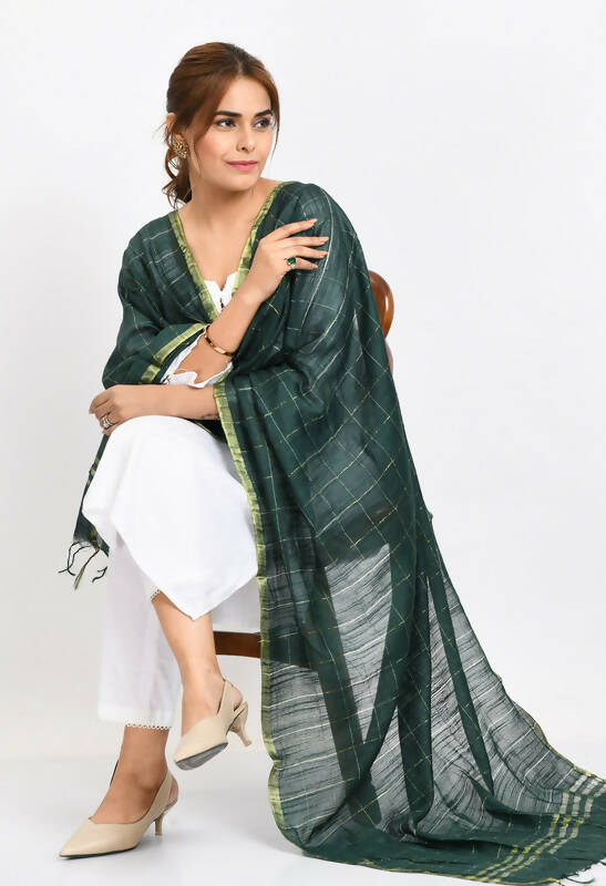 Bottle Green Cotton Zari Box Pattern Dupatta for Women