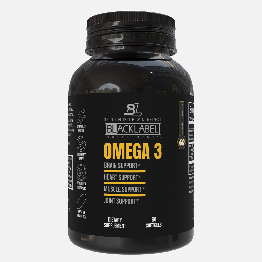 BlackLabel Omega 3 supplement bottle on a white background