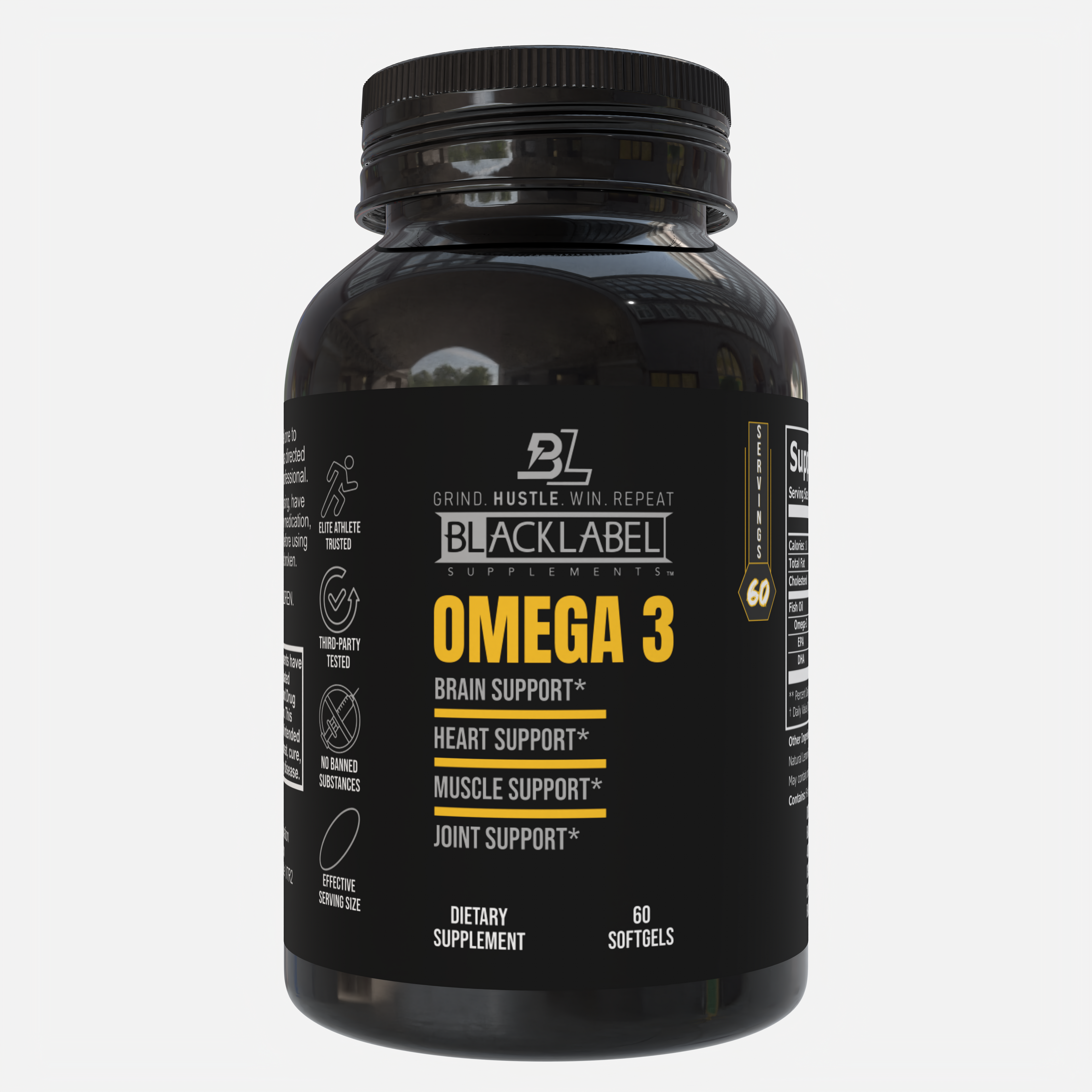 BlackLabel Omega 3 supplement bottle on a white background