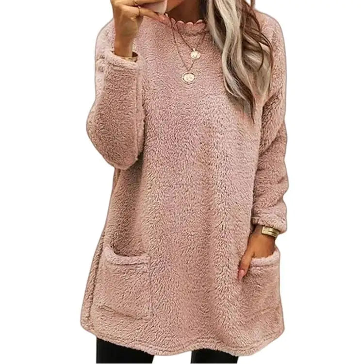 Women's Fuzzy Fleece Long Sleeve T-Shirt Dress with Front Pockets - Image 2