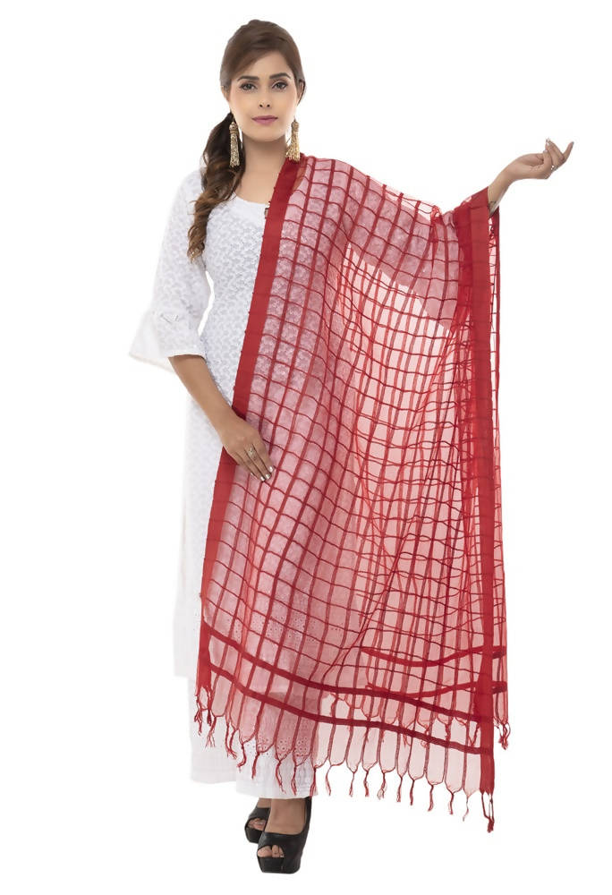 Mominos Fashion red Kota cotton square dupatta with subtle self-pattern design