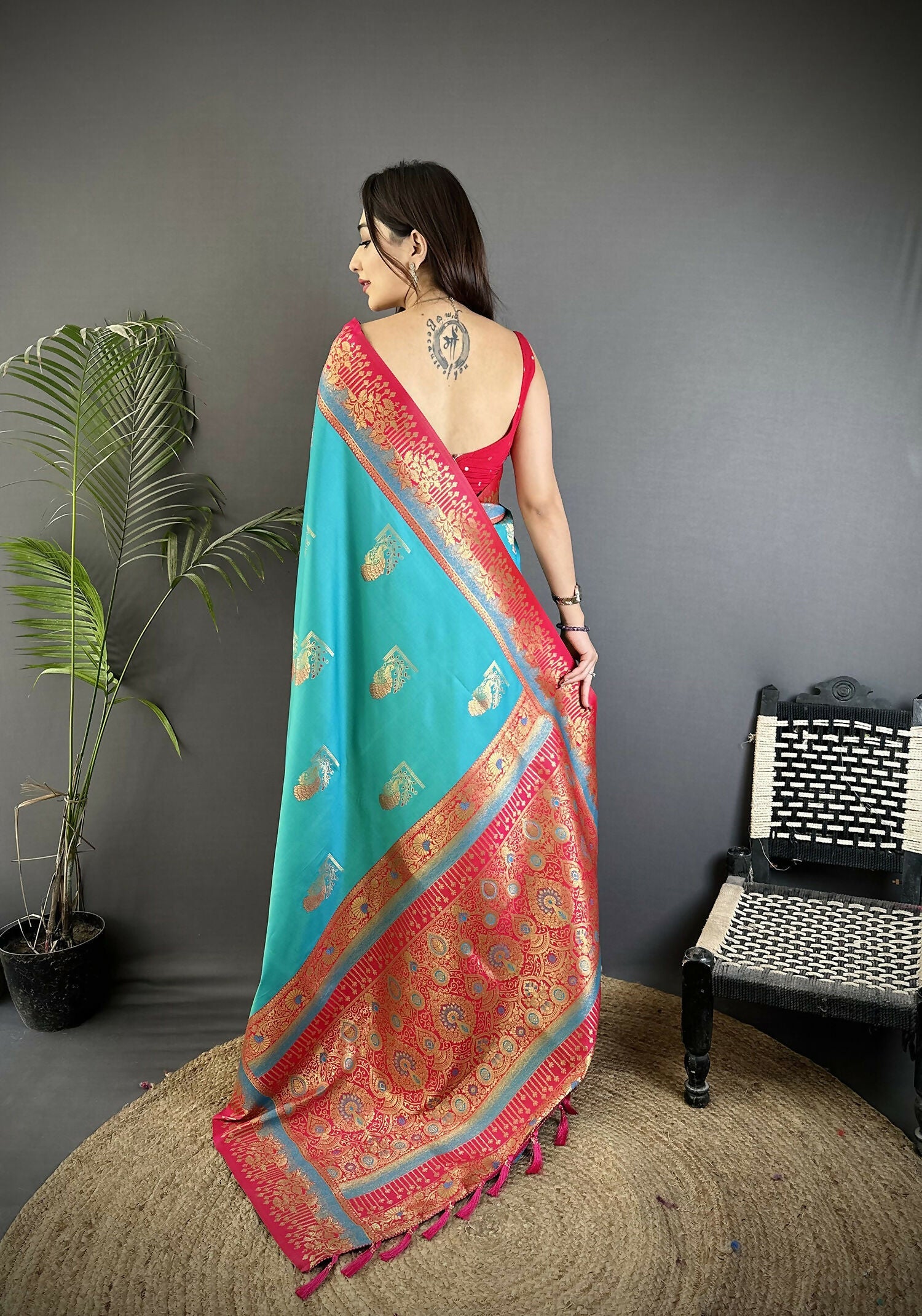 Joban Fashion Aqua Green Banarasi Soft Silk Peacock Butta Work Saree