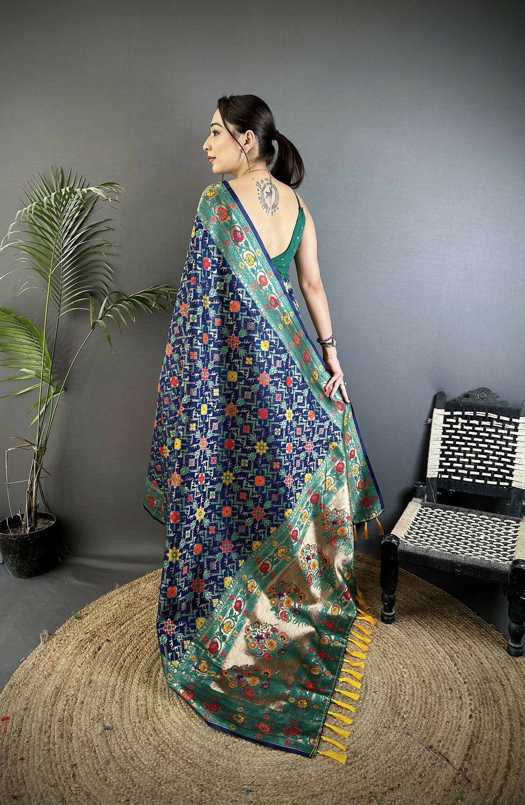 Navy Blue Banarasi Soft Silk Woven Saree with Matching Blouse