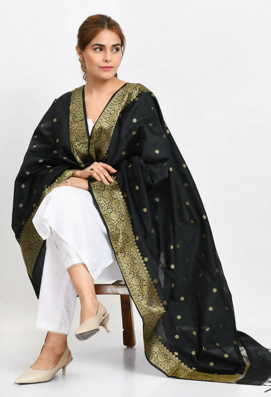 Women's Black Banarsi Silk Woven Dupatta with Gold Accents