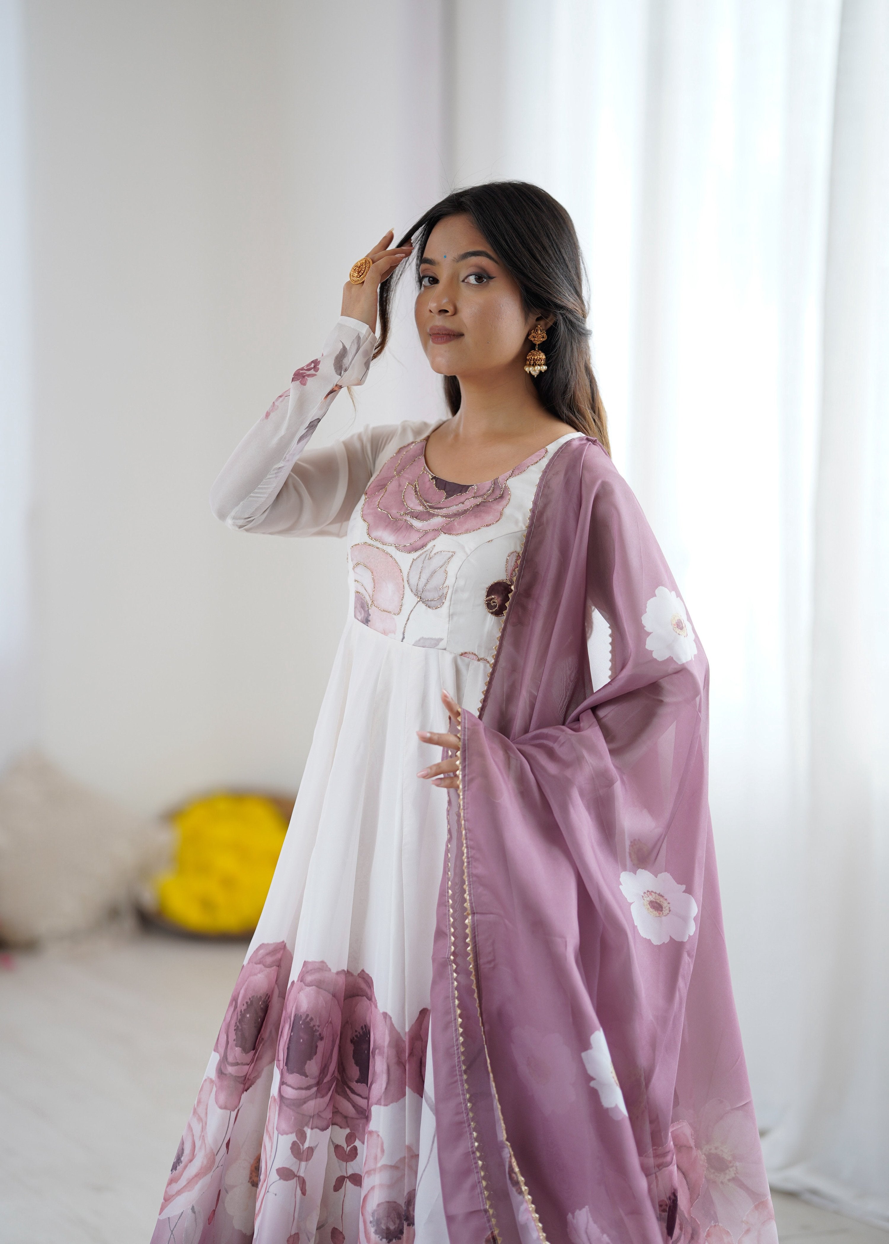 Mauve & White Floral Organza Silk Anarkali Suit with Badla Jari